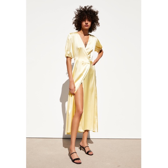 Zara Dresses & Skirts - Zara Sateen Midi Wrap Dress Pastel Yellow